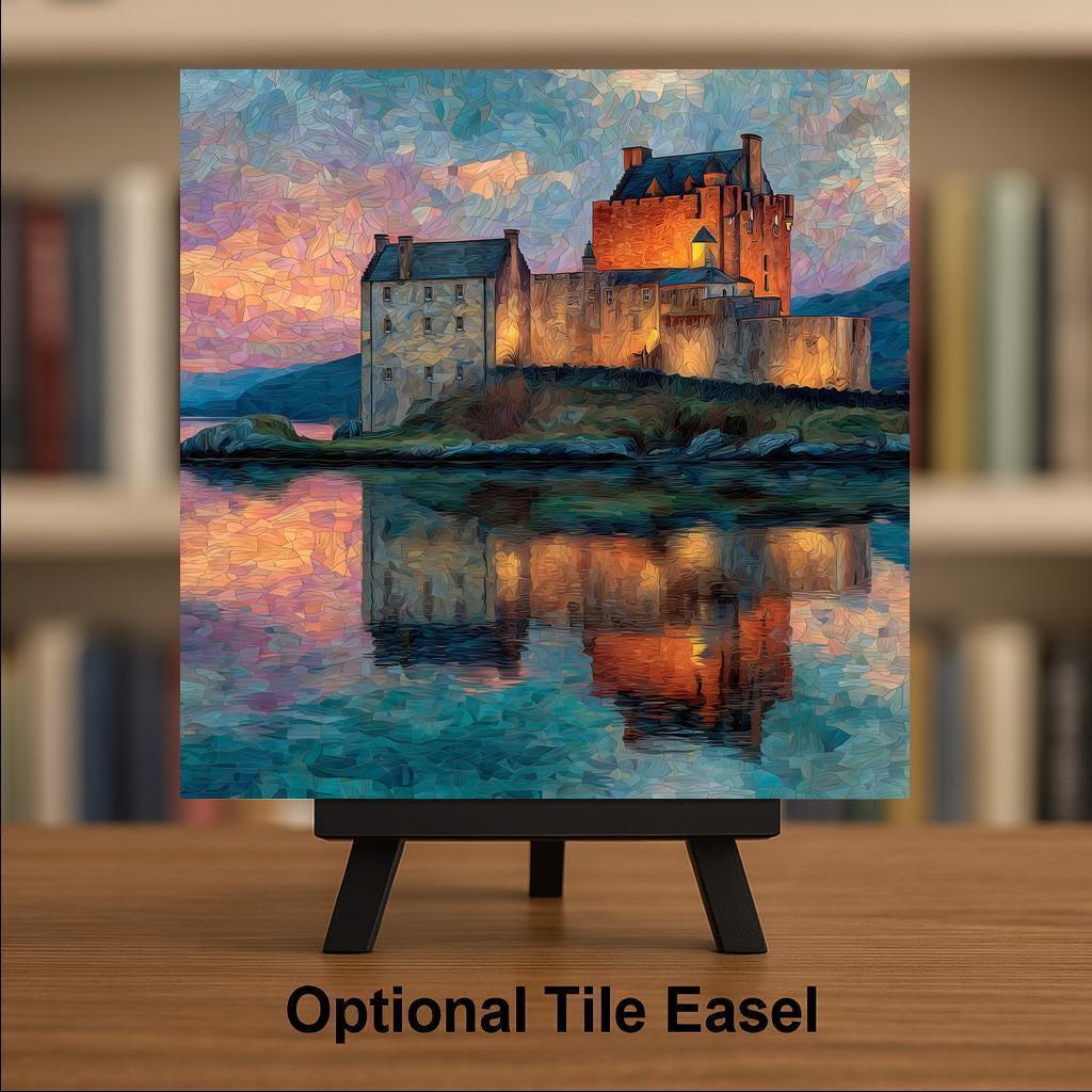 Eilean Donan Castle Ceramic Art Tile – Stained Glass Style Scottish Landscape Wall Decor, Scotland Travel Gift