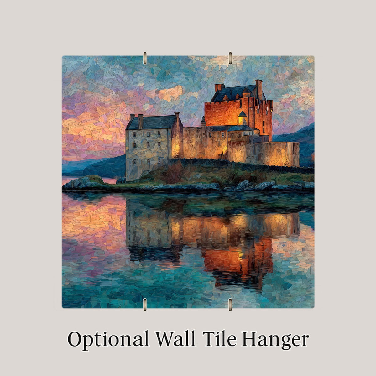 Eilean Donan Castle Ceramic Art Tile – Stained Glass Style Scottish Landscape Wall Decor, Scotland Travel Gift