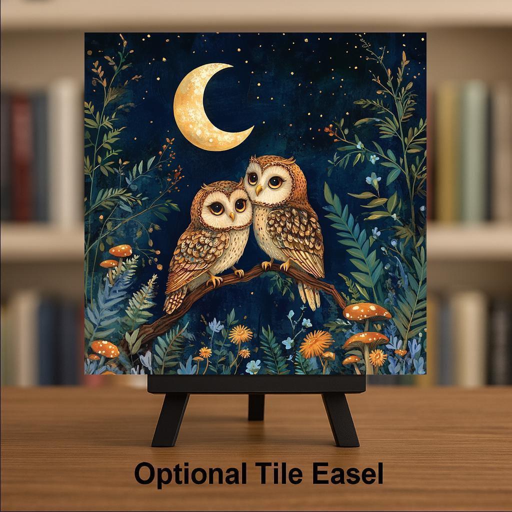 Moon Owl Ceramic Art Tile: Night Sky Wall Decor Mystical Home Decor Celestial Wall Art