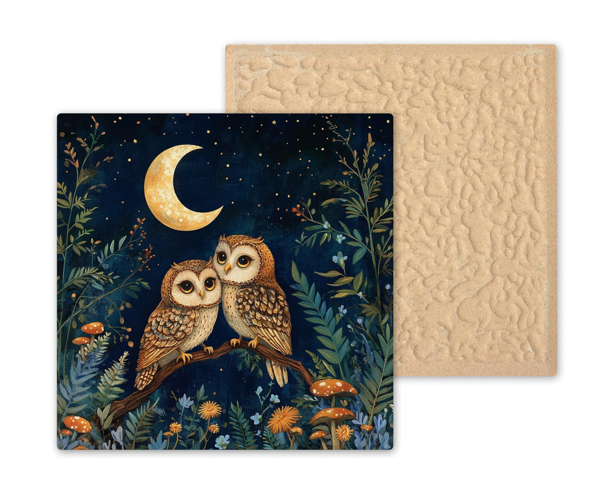 Moon Owl Ceramic Art Tile: Night Sky Wall Decor Mystical Home Decor Celestial Wall Art