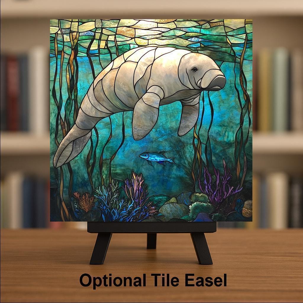 Manatee Wall Art Ceramic Tile Stained Glass Style Ocean Decor Florida Gift Coastal Marine Art Nature Wildlife