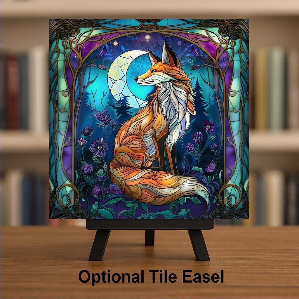 Fox Ceramic Tile Wall Art William Morris Style Art Nouveau Moon Phase Woodland Stained Glass Nature Decor