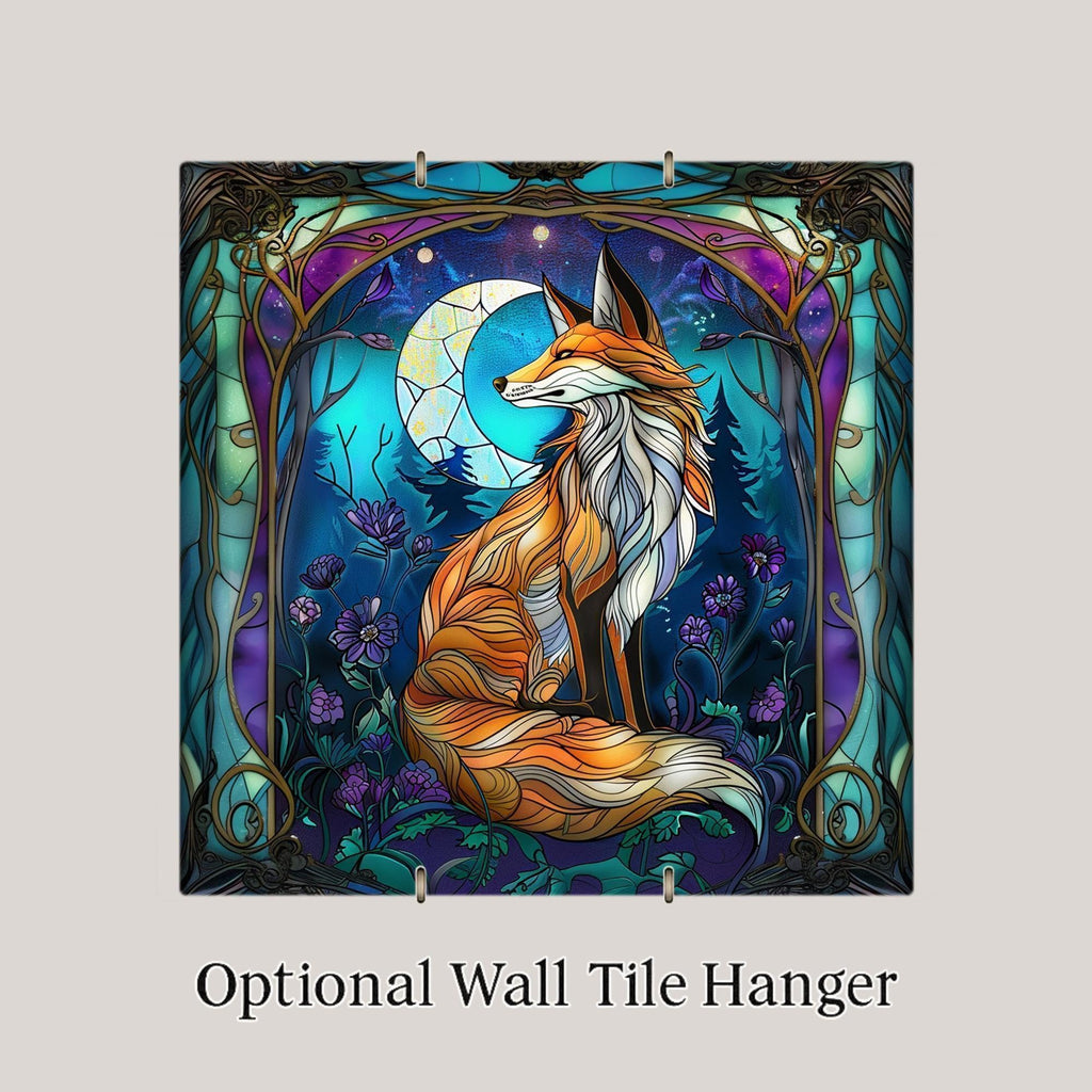 Fox Ceramic Tile Wall Art William Morris Style Art Nouveau Moon Phase Woodland Stained Glass Nature Decor