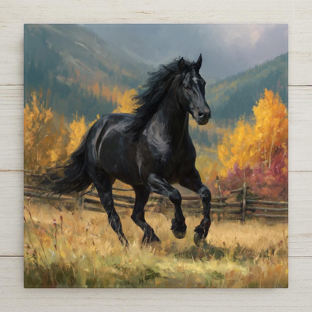 This Black Horse ceramic tile wall art captures strength and elegance against a golden autumn backdrop. Perfect for rustic or farmhouse decor. Optional add-ons include a tile wall hanger, easel stand, cork backing, or premium frame for wall or tabletop display.