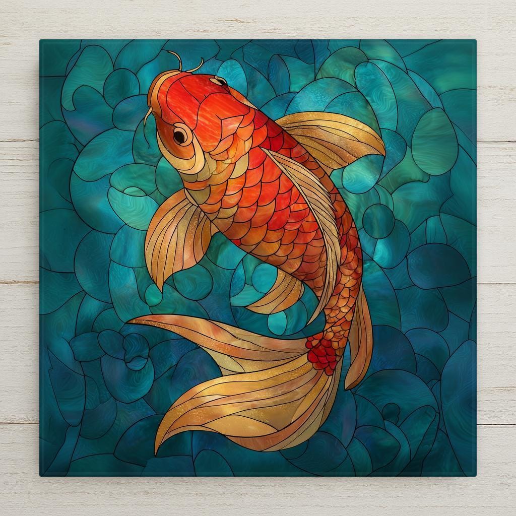 Single vibrant orange koi fish swimming upward through teal mosaic water background in stained glass style ceramic tile wall art.