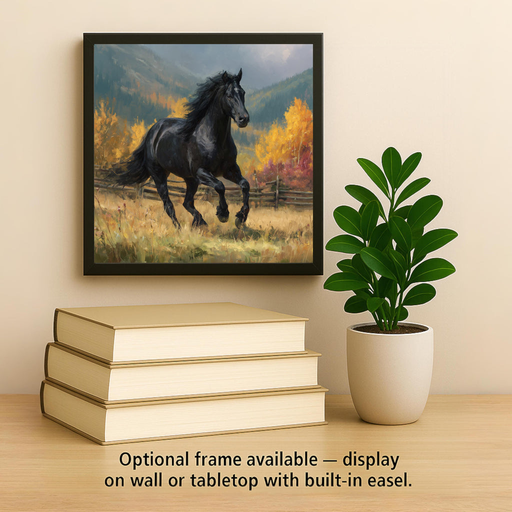 Black Horse Ceramic Art Tile – Western Rustic Wall Decor, Autumn Landscape Equestrian Lover Gift