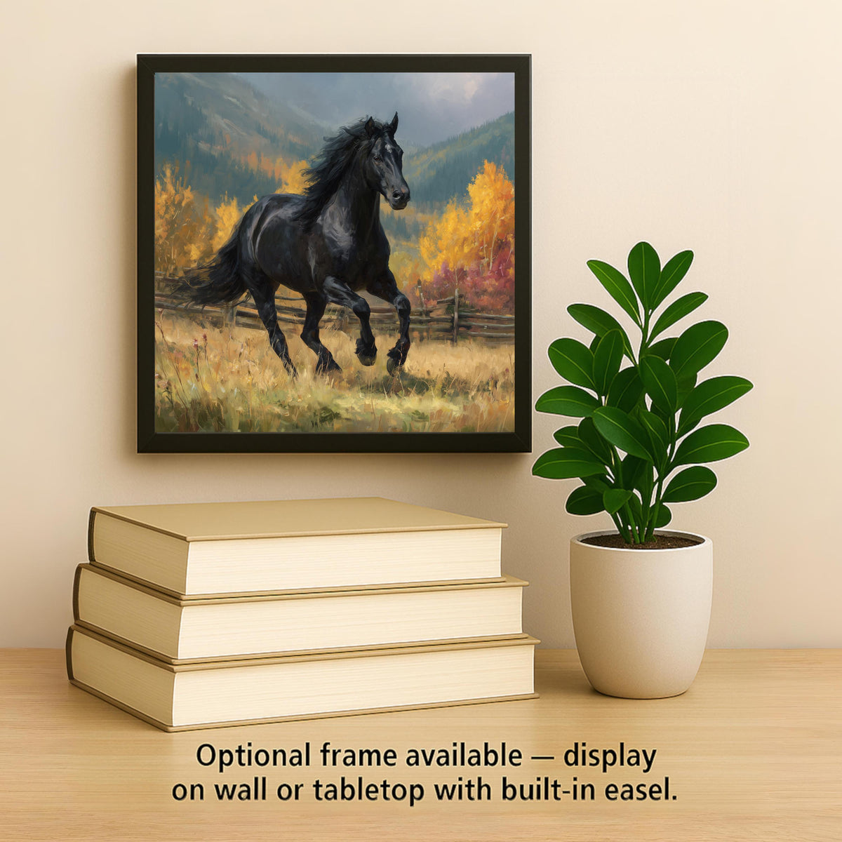 Black Horse Ceramic Art Tile – Western Rustic Wall Decor, Autumn Landscape Equestrian Lover Gift
