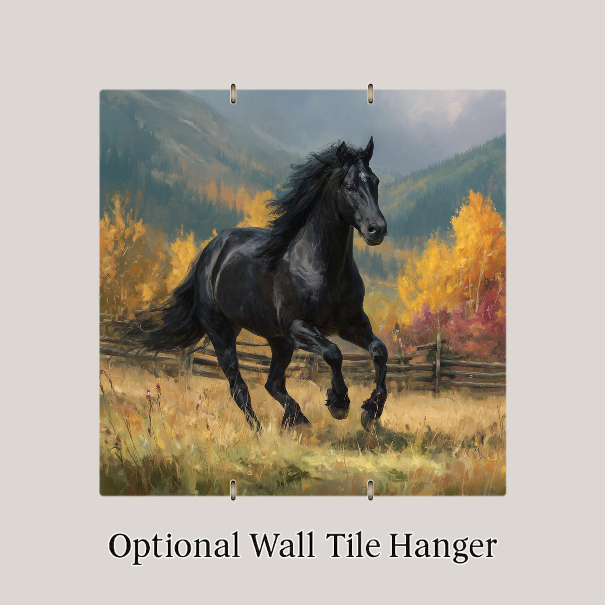 Black Horse Ceramic Art Tile – Western Rustic Wall Decor, Autumn Landscape Equestrian Lover Gift