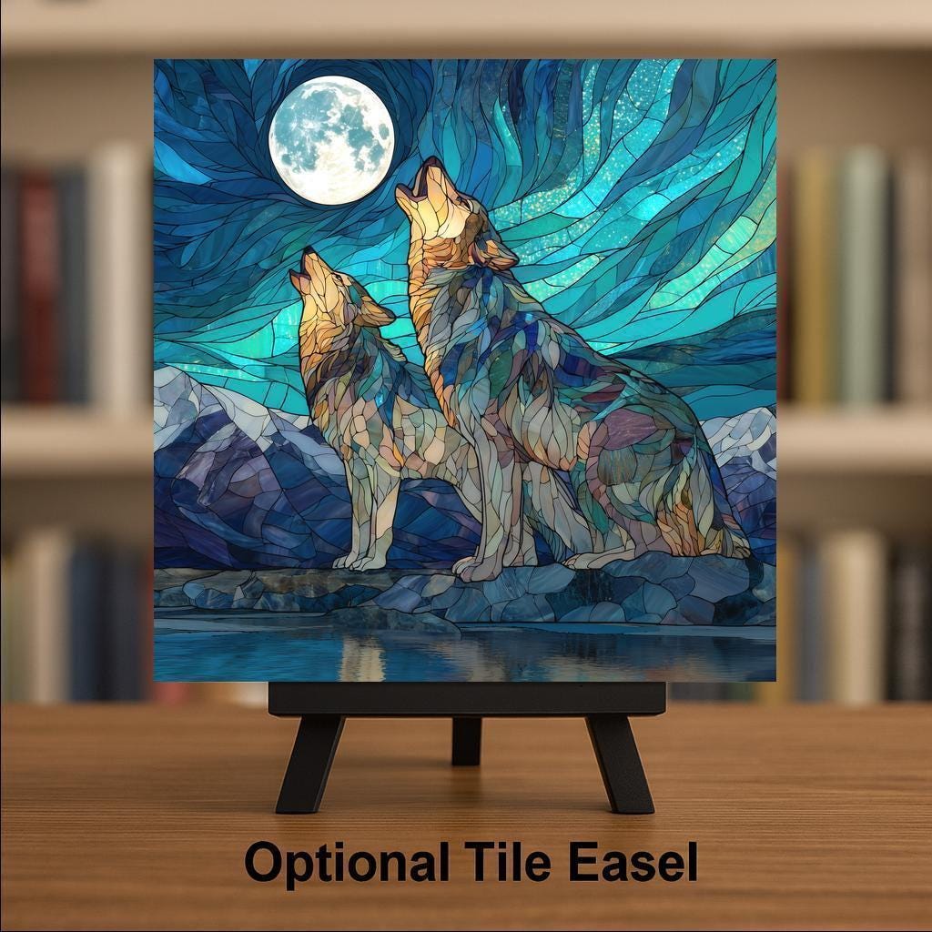Howling Wolves Wall Art Ceramic Tile Stained Glass Style Moonlit Wilderness Decor Rustic Wildlife Home Gift Tile