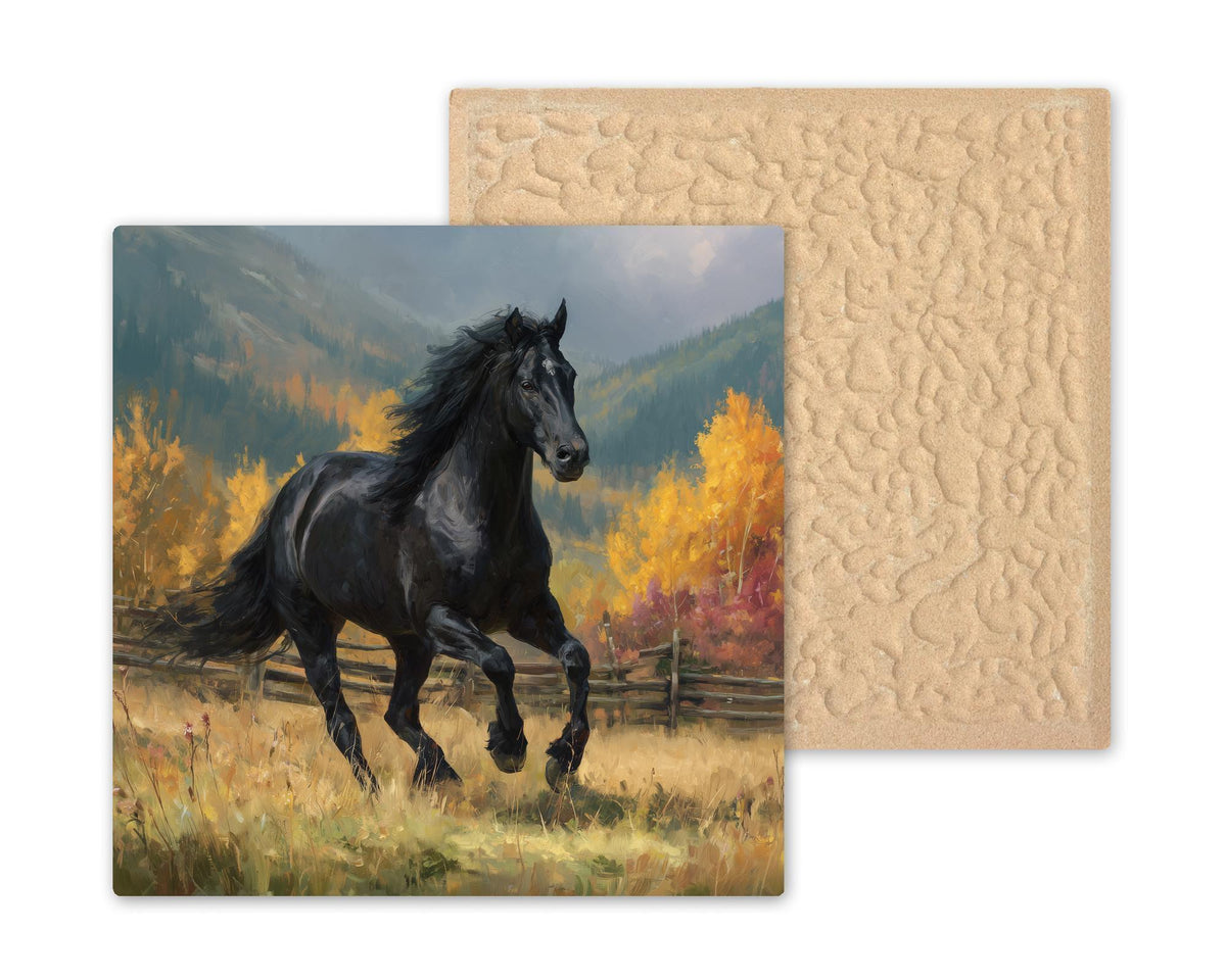 Black Horse Ceramic Art Tile – Western Rustic Wall Decor, Autumn Landscape Equestrian Lover Gift