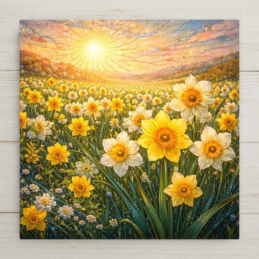 Impressionist ceramic art tile of a sunlit field of yellow daffodils under a radiant sunburst at sunset, in a vibrant folk-art painting style — spring floral and March birth flower wall decor.