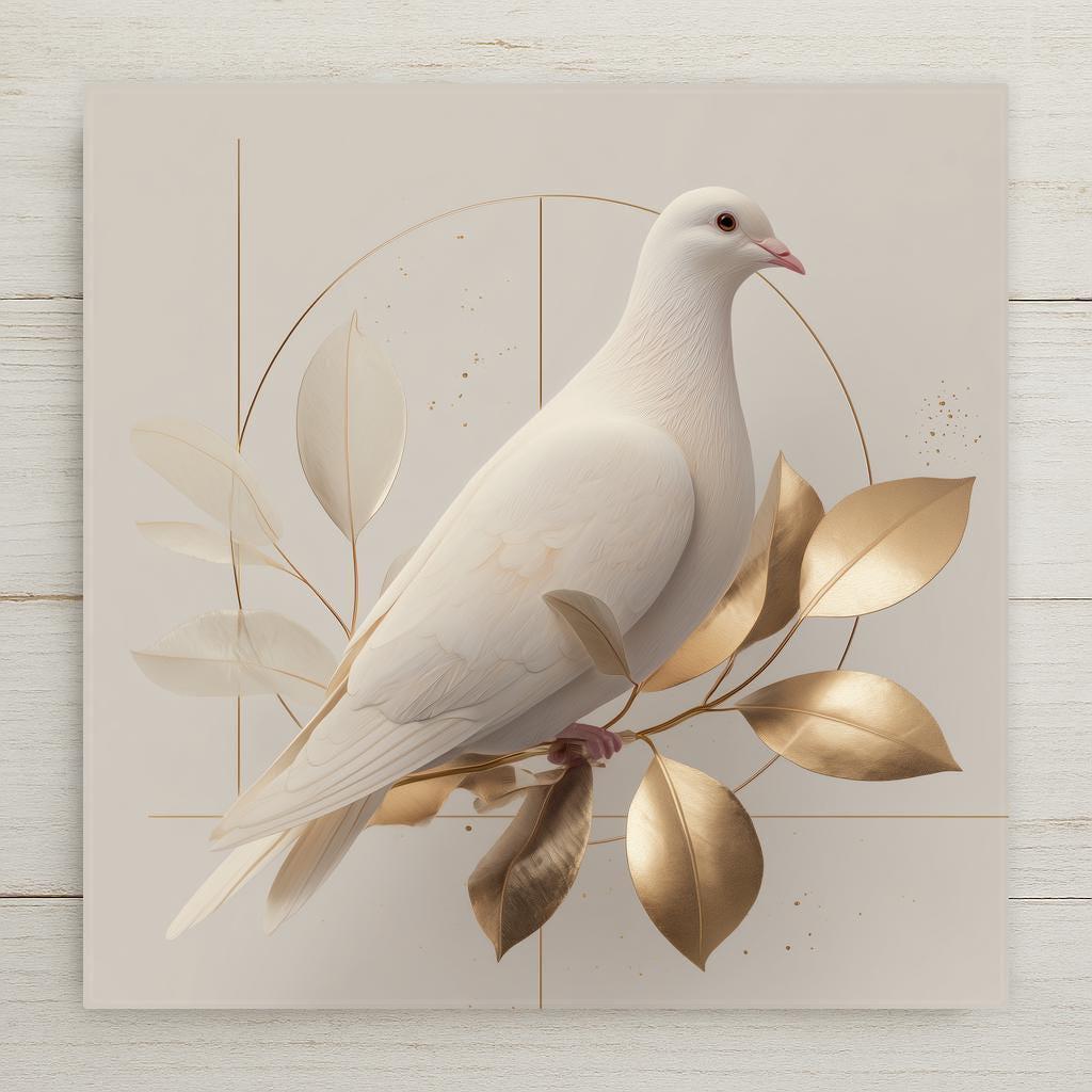 Elegant White Dove Ceramic Tile Wall Art with soft gold accents, perfect for peaceful home decor, modern minimal interiors, and meaningful gifts. Permanent printed artwork (not metallic or sculpted). Optional tile wall hanger, easel tile stand, cork backing, and premium frame available.