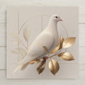 Elegant White Dove Ceramic Tile Wall Art with soft gold accents, perfect for peaceful home decor, modern minimal interiors, and meaningful gifts. Permanent printed artwork (not metallic or sculpted). Optional tile wall hanger, easel tile stand, cork backing, and premium frame available.