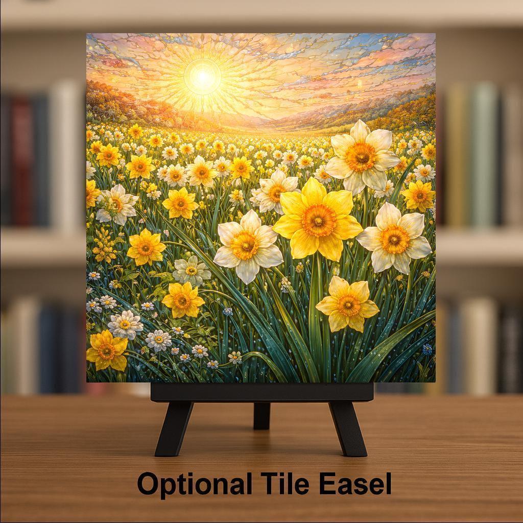 Daffodil Field Ceramic Tile Wall Art March Birth Flower Golden Spring Sunset Impressionist Floral Landscape Decor