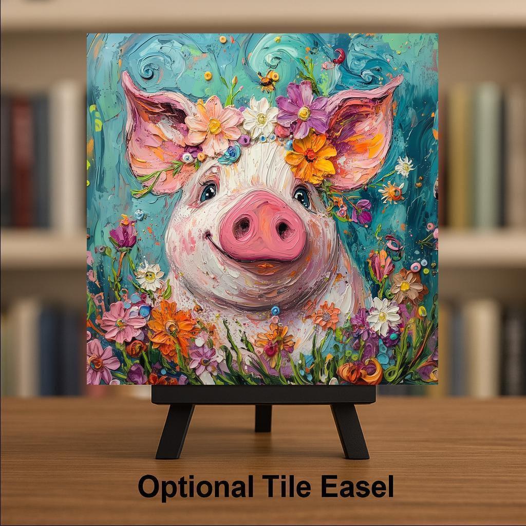 Floral Pig Wall Art Ceramic Tile Farmhouse Gift Whimsical Decor Funny Animal Art Country Nature Pig Lover
