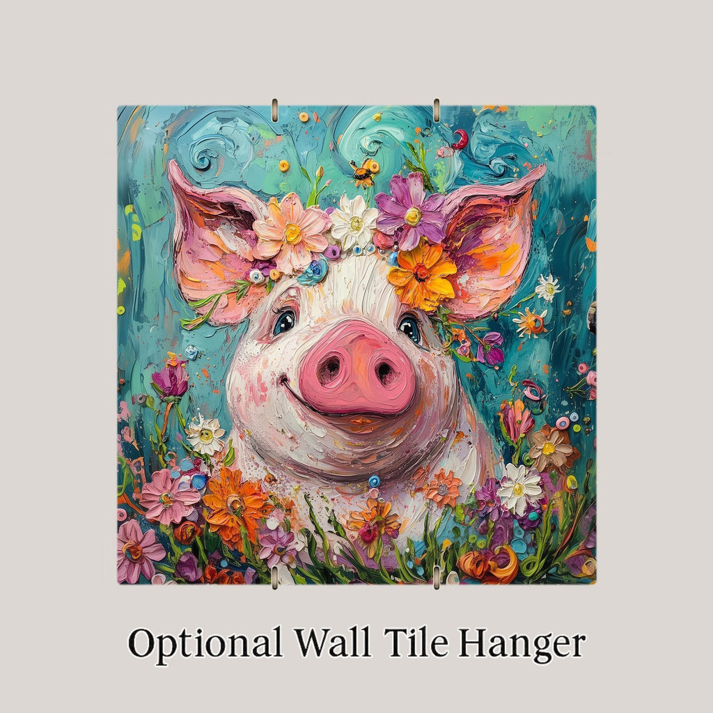 Floral Pig Wall Art Ceramic Tile Farmhouse Gift Whimsical Decor Funny Animal Art Country Nature Pig Lover