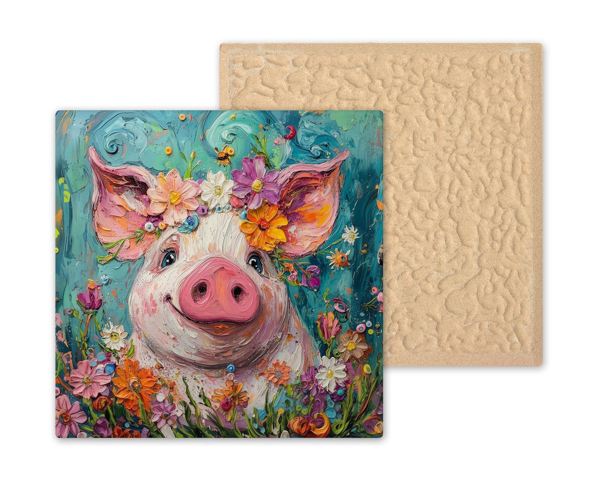 Floral Pig Wall Art Ceramic Tile Farmhouse Gift Whimsical Decor Funny Animal Art Country Nature Pig Lover
