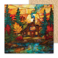 Stained glass–style ceramic tile featuring a rustic autumn cabin glowing beside a lake with colorful fall trees. While it may look like stained glass or mosaic, this is a permanent print on tile. Made with premium inks for lasting vivid color. Optional add-ons include a tile wall hanger, easel tile stand, or cork backing. Perfect for rustic fall décor, cabin wall art, or thoughtful seasonal gifts.