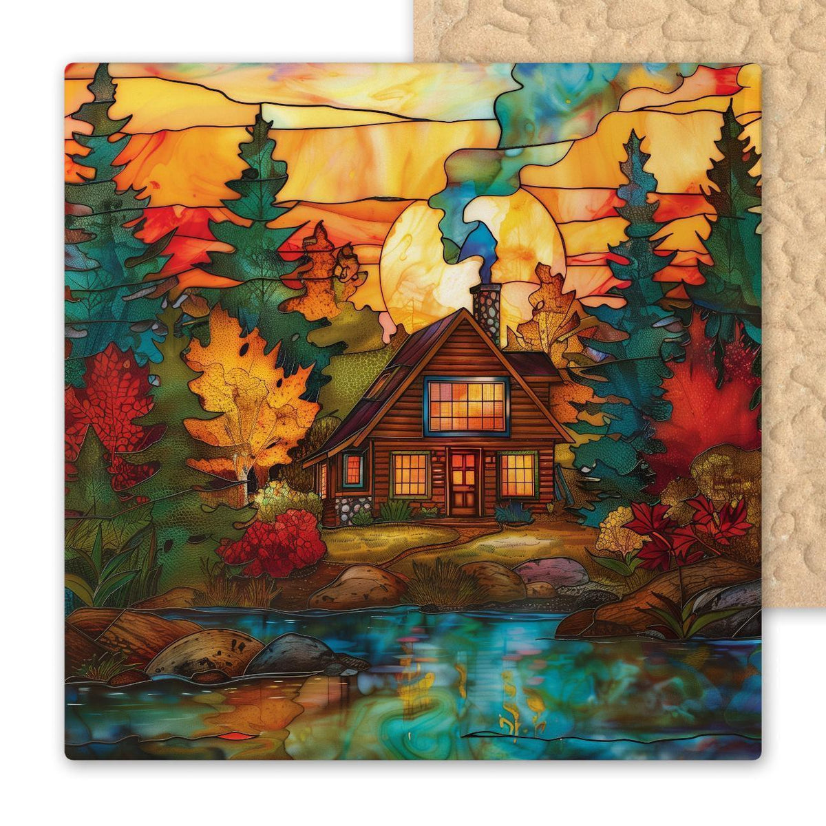 Stained glass–style ceramic tile featuring a rustic autumn cabin glowing beside a lake with colorful fall trees. While it may look like stained glass or mosaic, this is a permanent print on tile. Made with premium inks for lasting vivid color. Optional add-ons include a tile wall hanger, easel tile stand, or cork backing. Perfect for rustic fall décor, cabin wall art, or thoughtful seasonal gifts.