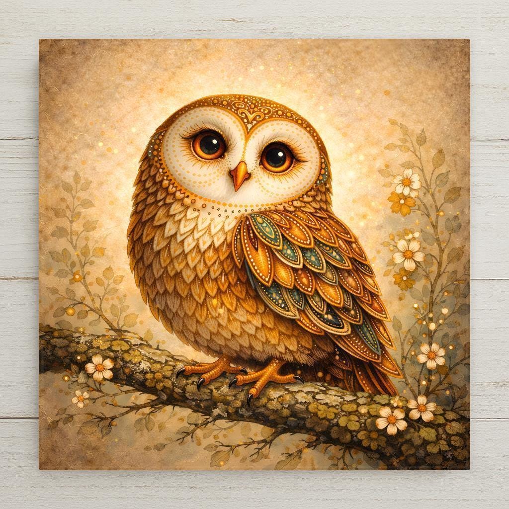 Owl wall art ceramic tile featuring a detailed woodland owl perched on a flowering branch. Warm amber and honey tones with subtle teal accents create rustic cabin decor and nature-inspired home decor with a stained glass–inspired glow.