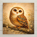 Owl wall art ceramic tile featuring a detailed woodland owl perched on a flowering branch. Warm amber and honey tones with subtle teal accents create rustic cabin decor and nature-inspired home decor with a stained glass–inspired glow.