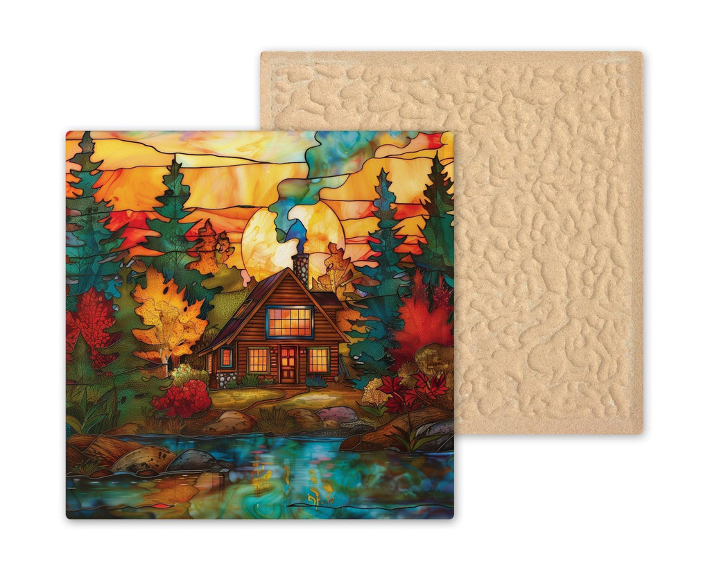 Autumn Cabin Lake Wall Art Ceramic Tile Cabin Gift Stained Glass Reflection Decor Rustic Nature Art Gift Tile
