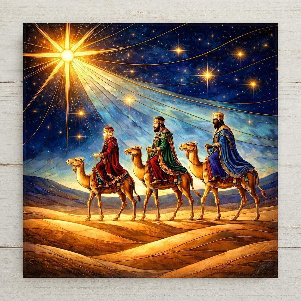 The three wise men, or Magi, bearing gifts beneath a brilliant star, rendered in rich stained-glass-style jewel tones on a ceramic tile.