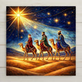 The three wise men, or Magi, bearing gifts beneath a brilliant star, rendered in rich stained-glass-style jewel tones on a ceramic tile.