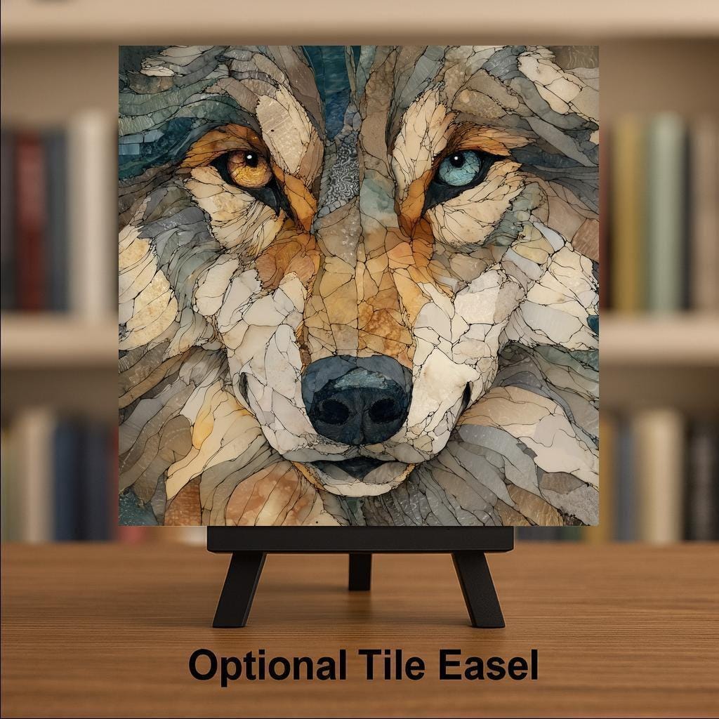 Wolf Wall Art Tile – Mosaic Style Wildlife Ceramic Home Decor with Intense Eyes, Rustic Cabin Accent, Nature Gift, Decorative Tile