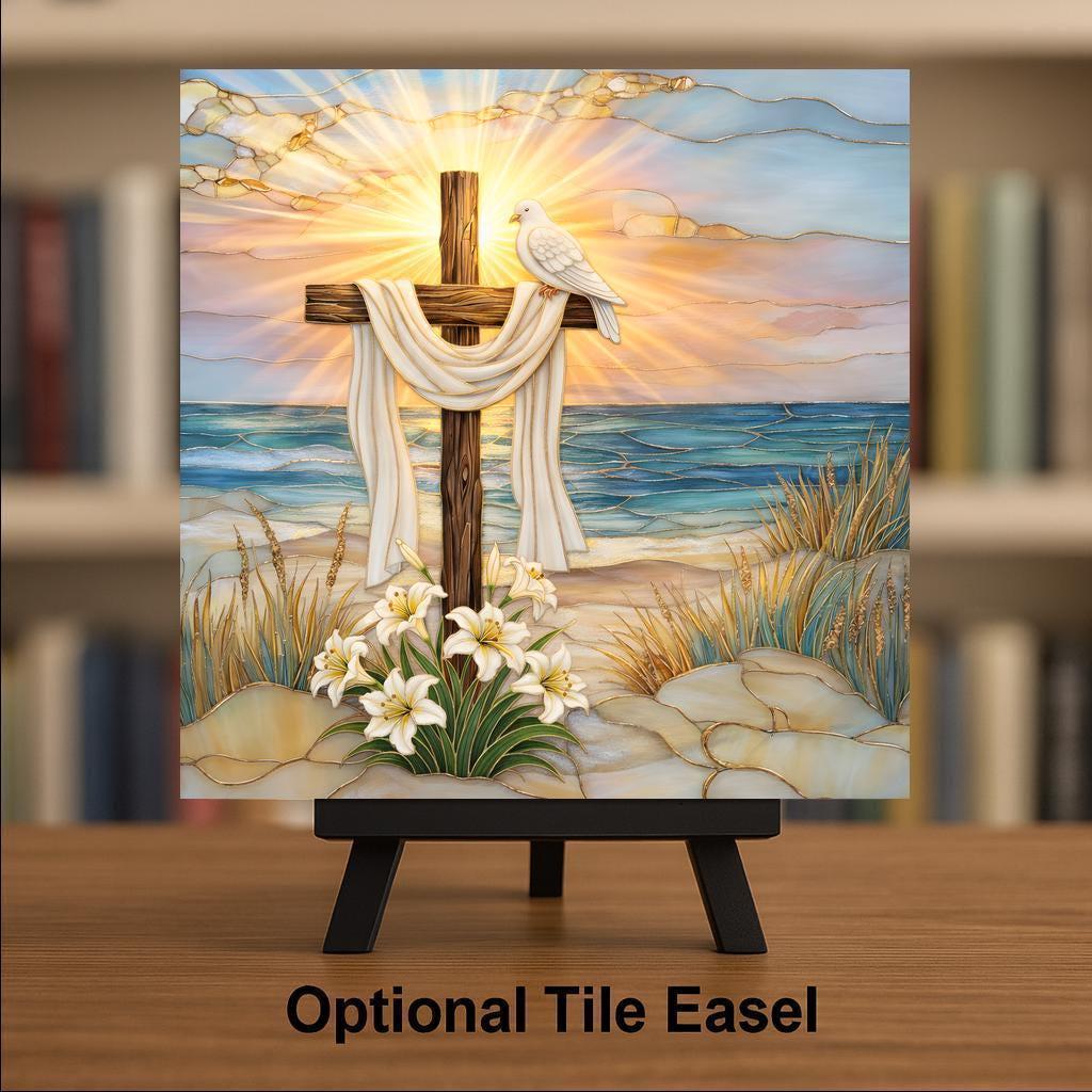 Christian Wall Art Ceramic Tile – Cross Wall Art Ceramic Tile – Coastal Religious Decor, Easter Home Decor, Faith Wall Decor
