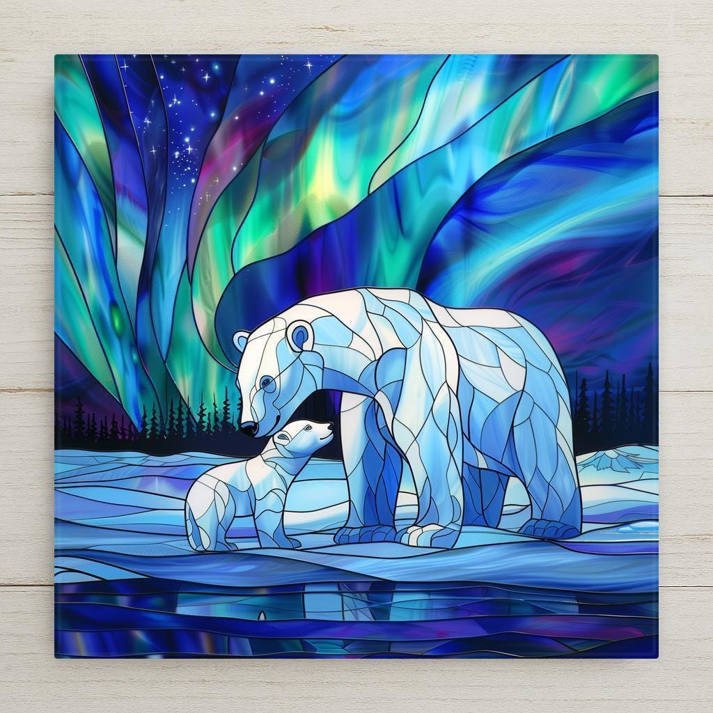 Stained glass style polar bear and cub ceramic tile in luminous arctic blue silver and teal tones, mother and cub in a snowy landscape beneath a shimmering northern lights sky, a vivid wildlife and cabin nature gift.