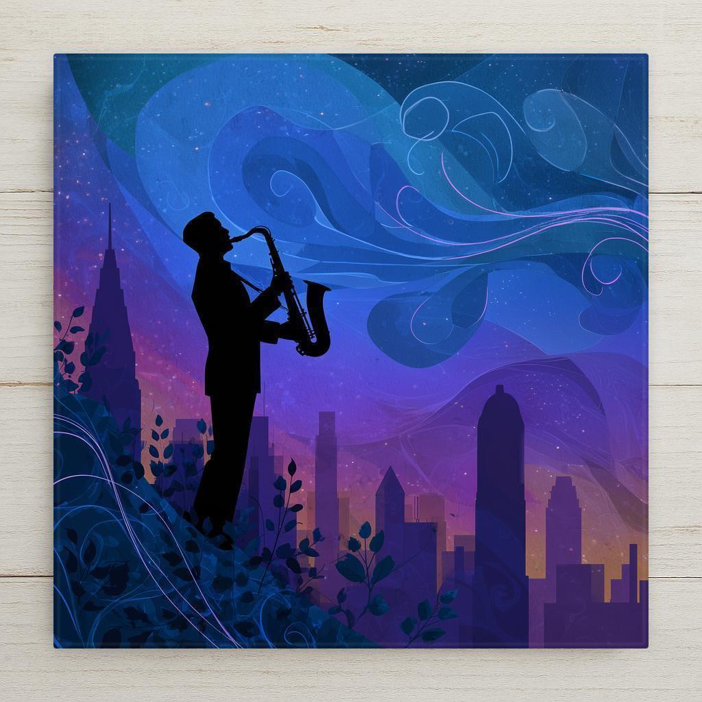 Jazz saxophone musician wall art ceramic tile with stained glass style night sky and cityscape. Perfect music-inspired gift. Optional tile wall hanger, easel tile stand, or cork backing available.