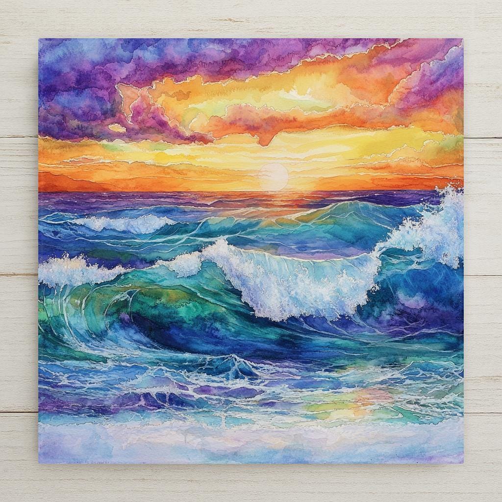 Transform your home with this ocean sunset ceramic tile, styled in soft watercolor waves and coastal colors. Ideal for any beach-themed or nautical-inspired space, this versatile art tile functions as a trivet, wall hanging, or decorative accent. It’s the perfect gift for ocean lovers, beach house owners, or anyone drawn to the calming rhythm of waves and sunsets. Whether in a coastal kitchen, sunroom, or entryway, this tile radiates warmth, serenity, and seaside charm with every detail.