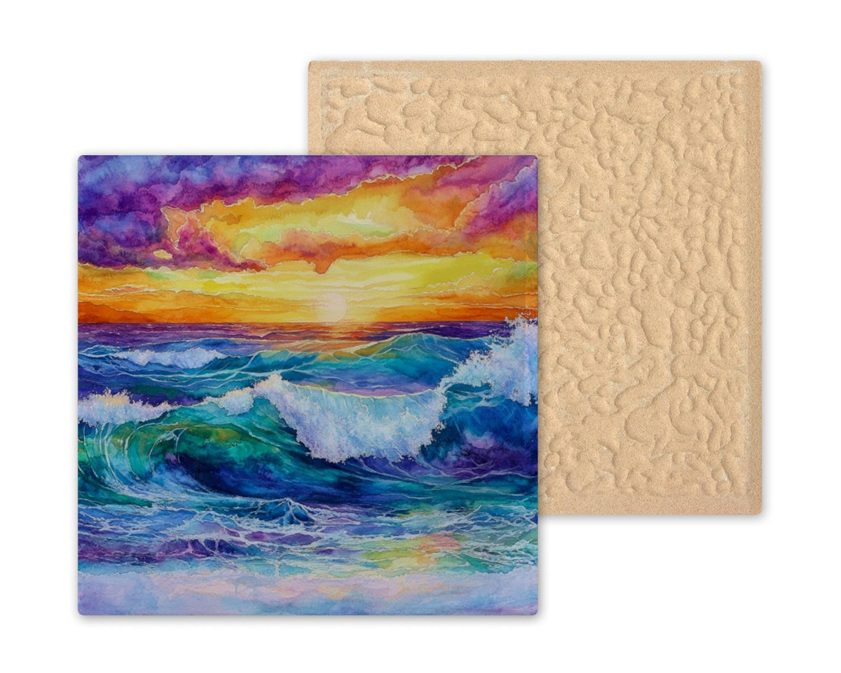 Ocean Sunset Stained Glass Style Ceramic Art Tile: Coastal Wall Decor Beach House Accent Ocean Home Decor Wall Art