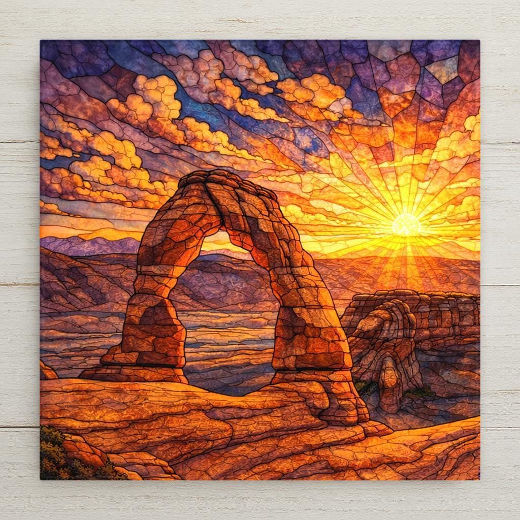 Stained-glass–style Delicate Arch wall art inspired by Arches National Park in Utah. Featuring radiant sunset light, sculpted red rock formations, and jewel-tone color depth, this ceramic tile captures the power and beauty of the desert landscape. Ideal as national park wall decor or a meaningful nature-inspired gift. Optional display upgrades available.