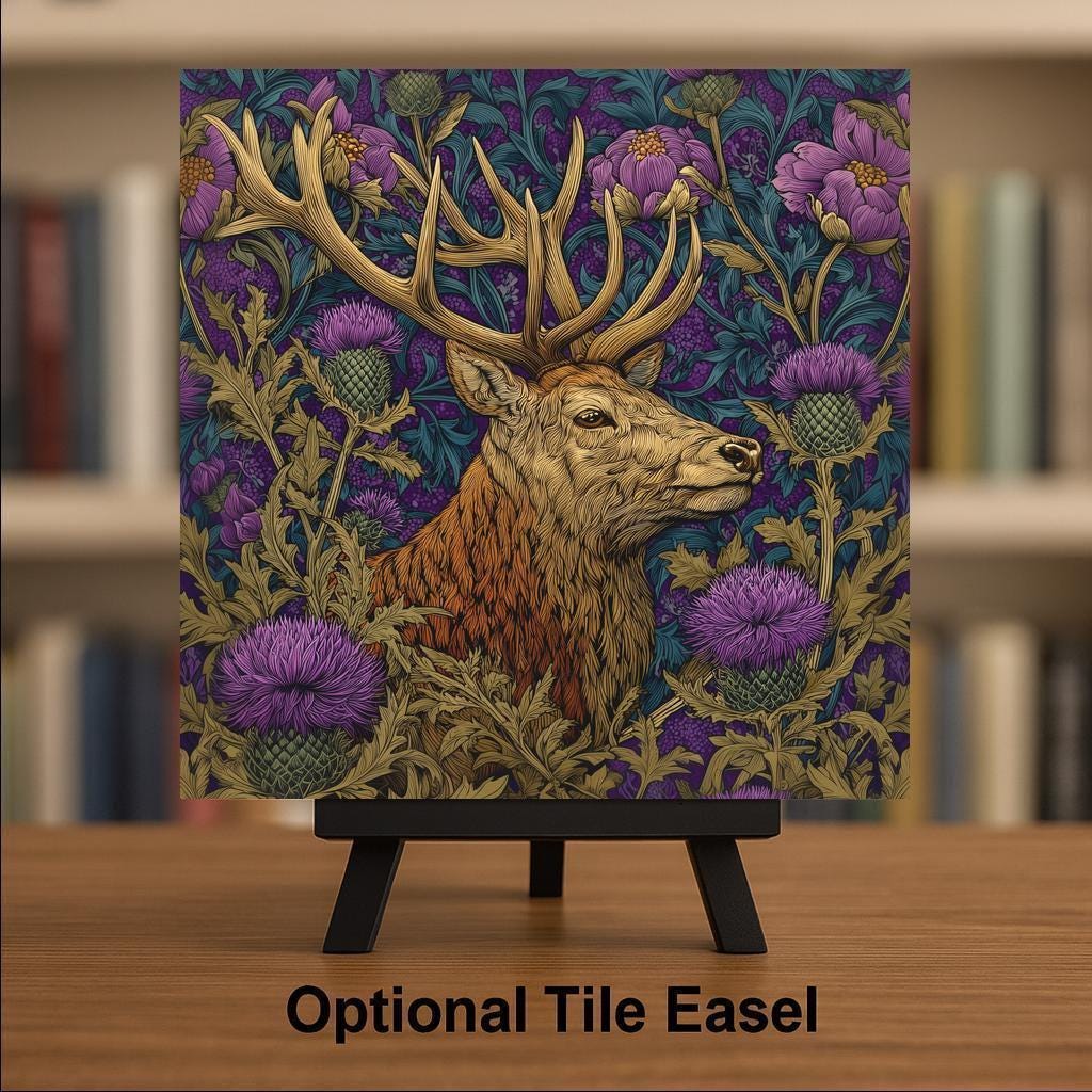 Scottish Stag Wall Art Ceramic Tile – Highland Deer Rustic Farmhouse Decor, Thistle Botanical Wall Decor, Cottagecore Home Decor