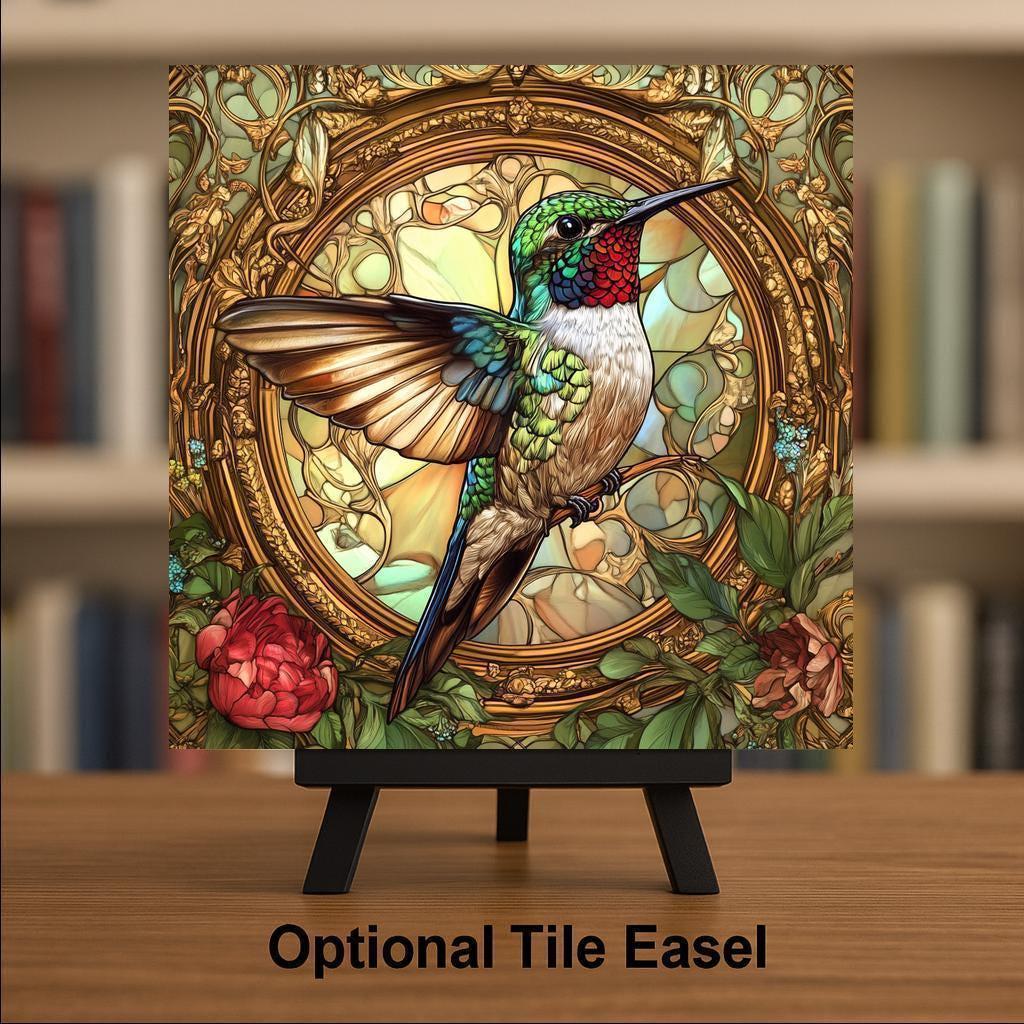 Hummingbird Wall Art Ceramic Tile Art Nouveau Floral Gift Bird Lover Vintage Botanical Art Tile