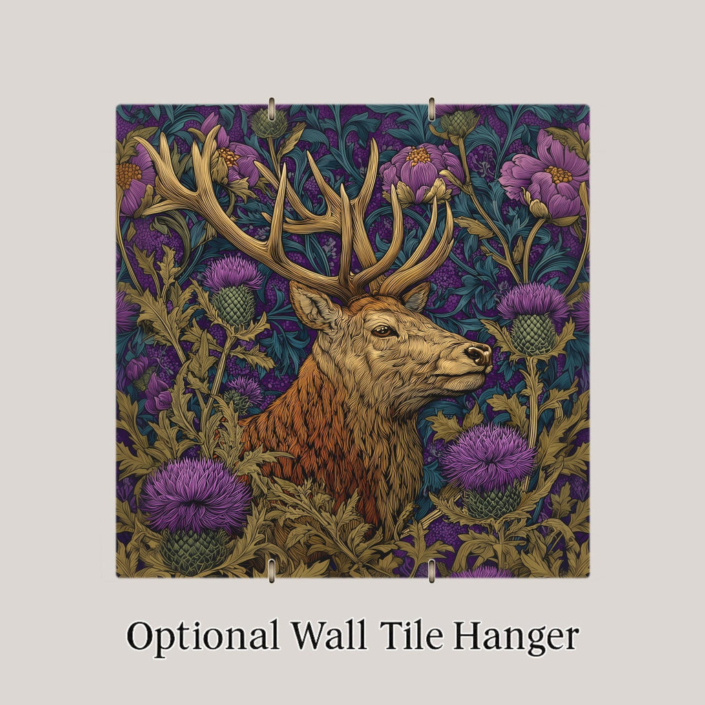 Scottish Stag Wall Art Ceramic Tile – Highland Deer Rustic Farmhouse Decor, Thistle Botanical Wall Decor, Cottagecore Home Decor