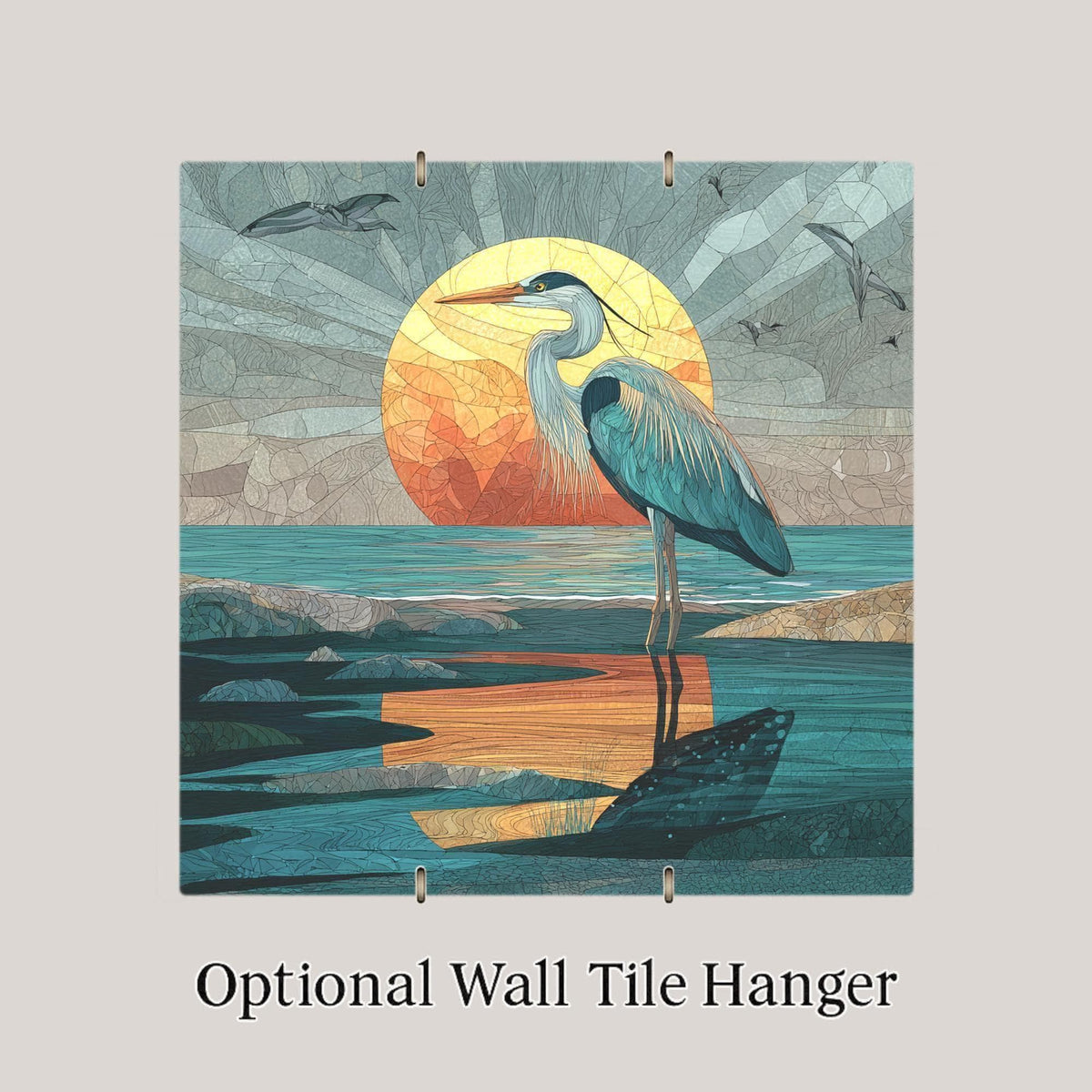 Coastal Great Blue Heron Stained Glass Style Ceramic Art Tile: Coastal Wall Decor Beach House Accent Ocean Home Decor Wall Art