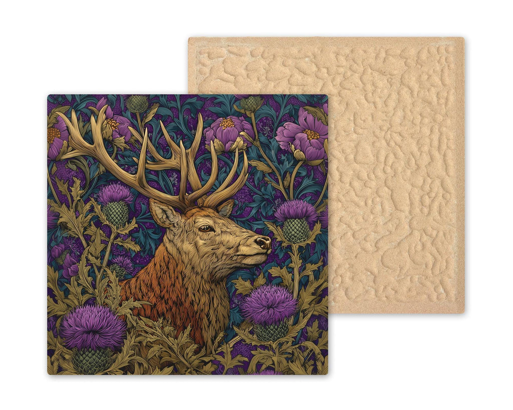 Scottish Stag Wall Art Ceramic Tile – Highland Deer Rustic Farmhouse Decor, Thistle Botanical Wall Decor, Cottagecore Home Decor