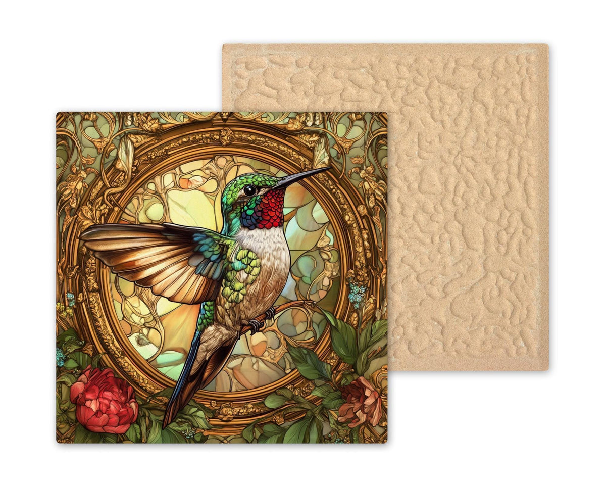 Handcrafted hummingbird ceramic tile in Art Nouveau style with stained glass floral design. Optional tile hanger, stand, or cork backing available.