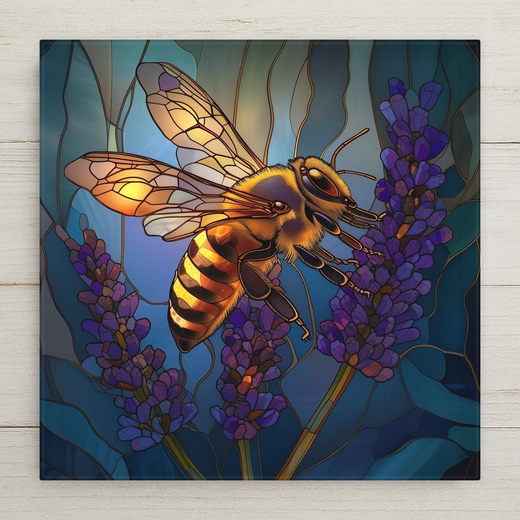 Stained glass style honey bee ceramic tile flying over purple lavender flowers against a teal mosaic background. Botanical garden wall art for nature-inspired home decor.