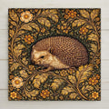 Hedgehog woodland wall art ceramic tile in William Morris botanical style with emerald and gold foliage. Cottagecore nursery and forest animal decor.
