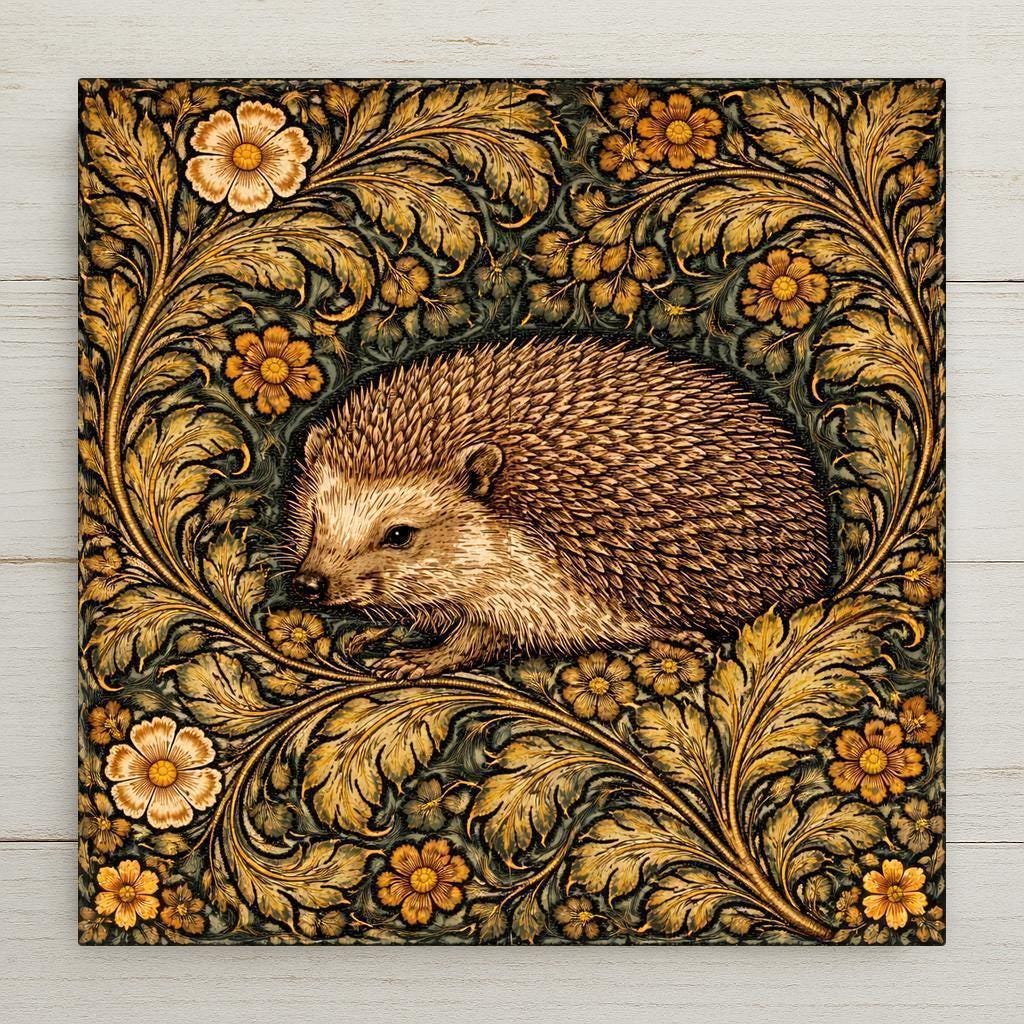 Hedgehog woodland wall art ceramic tile in William Morris botanical style with emerald and gold foliage. Cottagecore nursery and forest animal decor.