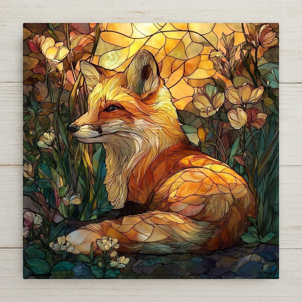 Beautiful stained-glass-style fox ceramic tile wall art with warm woodland colors and glowing detail. A great gift for nature and wildlife lovers. Not actual stained glass—permanent indoor ceramic print. Optional tile wall hanger, easel tile stand, cork backing, and premium frame available for display.
