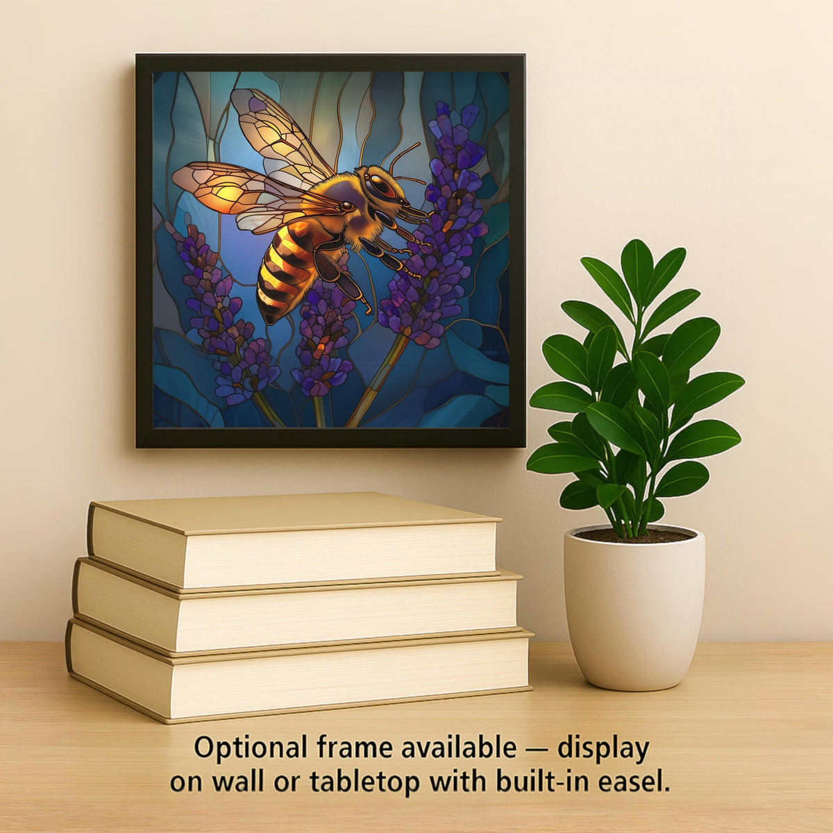 Bee Lavender Ceramic Art Tile – Stained Glass Style, Botanical Garden Art, Bee Lover Gift, Pollinator Floral Nature