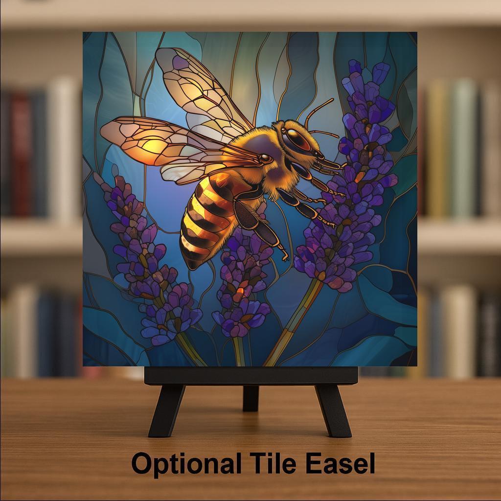 Bee Lavender Ceramic Art Tile – Stained Glass Style, Botanical Garden Art, Bee Lover Gift, Pollinator Floral Nature