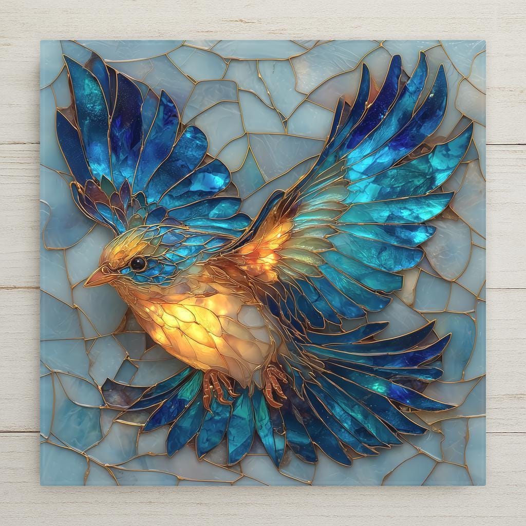 Bluebird ceramic tile wall art featuring a stained glass-style blue bird in flight with glowing golden highlights and layered blue textures. Nature-inspired bird wall decor printed on ceramic tile with vivid color and fine detail. Designed for shelf or wall display with optional tile wall hanger, easel tile stand, cork backing, or premium frame.