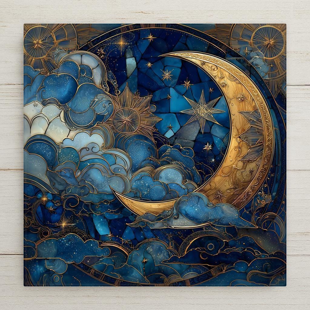 Celestial moon ceramic tile wall art featuring a glowing crescent moon, swirling clouds, and starry night sky in stained glass style. This is a permanent print on ceramic tile, not real stained glass or mosaic. Ideal for mystical wall decor, spiritual home decor, or a meaningful gift. Optional tile wall hanger, tile stand, cork backing, and premium frame available.