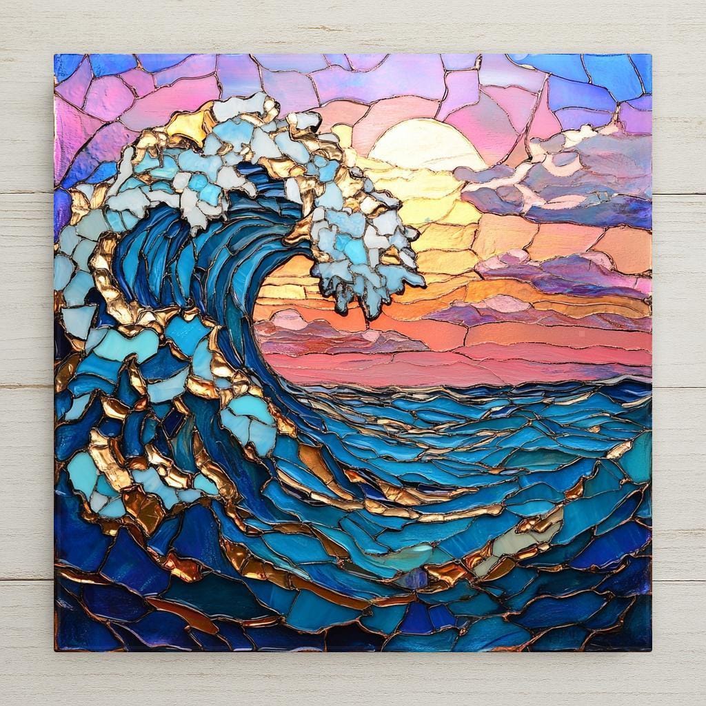 Bold ocean wave ceramic tile in stained glass style with glowing sunset. Vivid blues and golds create stunning coastal wall art. Perfect handmade beach gift.